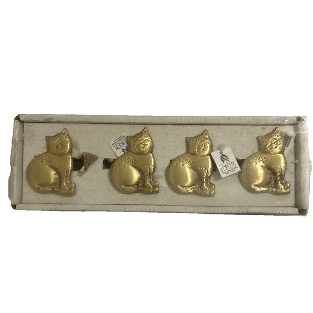 Cat Decor Set Of 4 Napkin Rings Brushed Brass Gold Kitty Decor Table Kitchen NWT